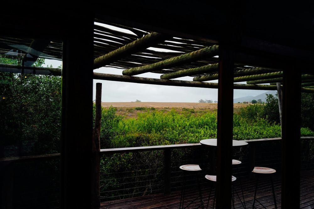 The view from a shaded timber deck out over green grassland, the posts framing the plain.