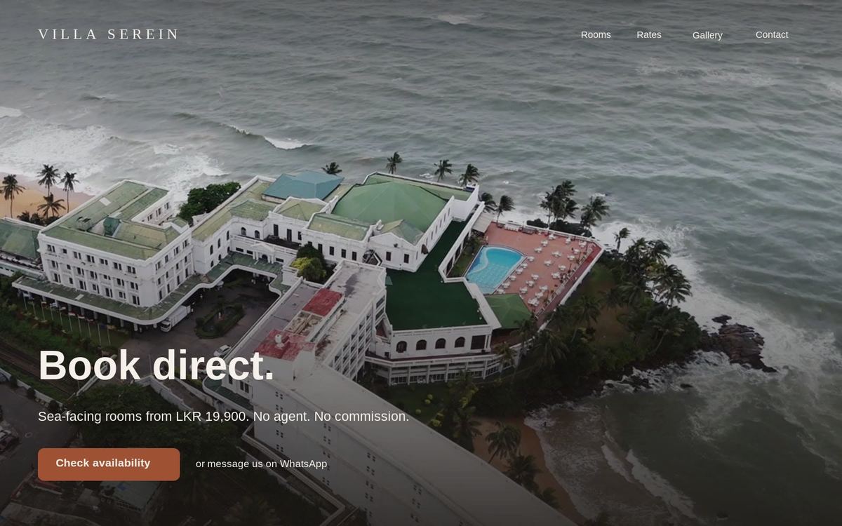 The same property on its own direct-booking site: the photograph full width, its own name, its own rate, and a button that books without an agent.