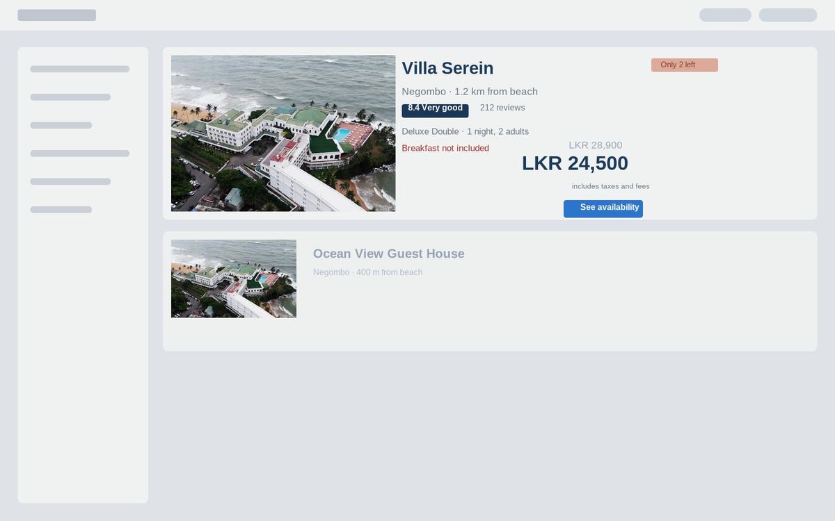 The property as it appears on Booking.com: a cramped listing tile, an agent’s photograph taken at midday, and a price with commission already inside it.