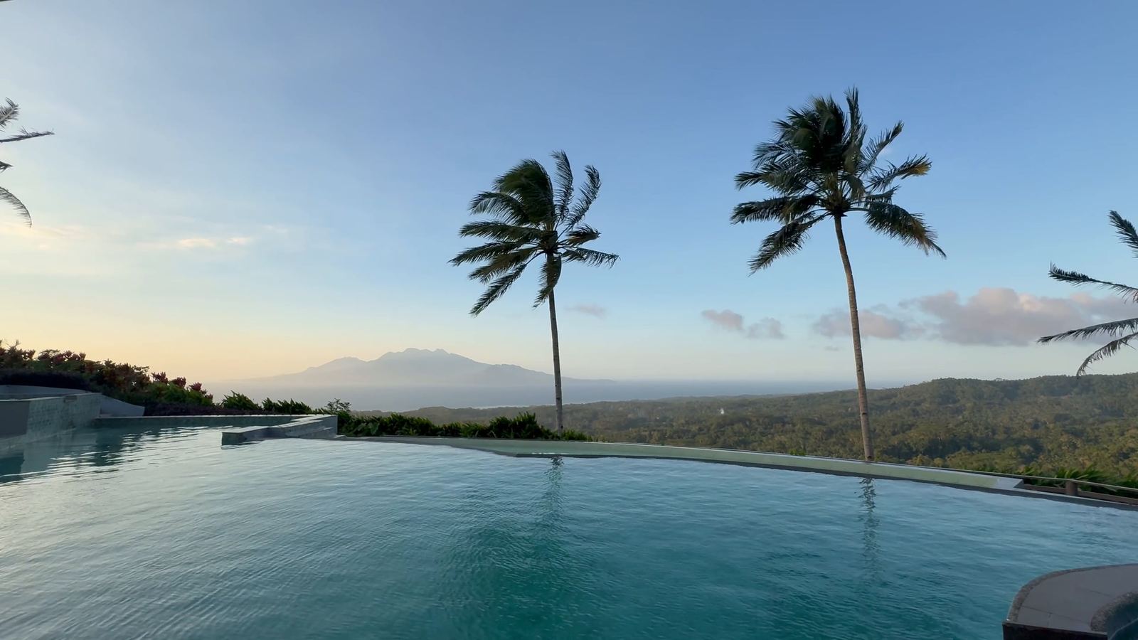 An infinity pool edged with palms, looking out over green hills towards the sea at the end of the day.