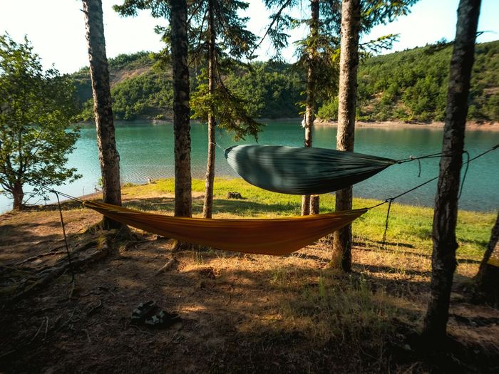 A hammock strung between trees at the water’s edge, green hills across the bay.