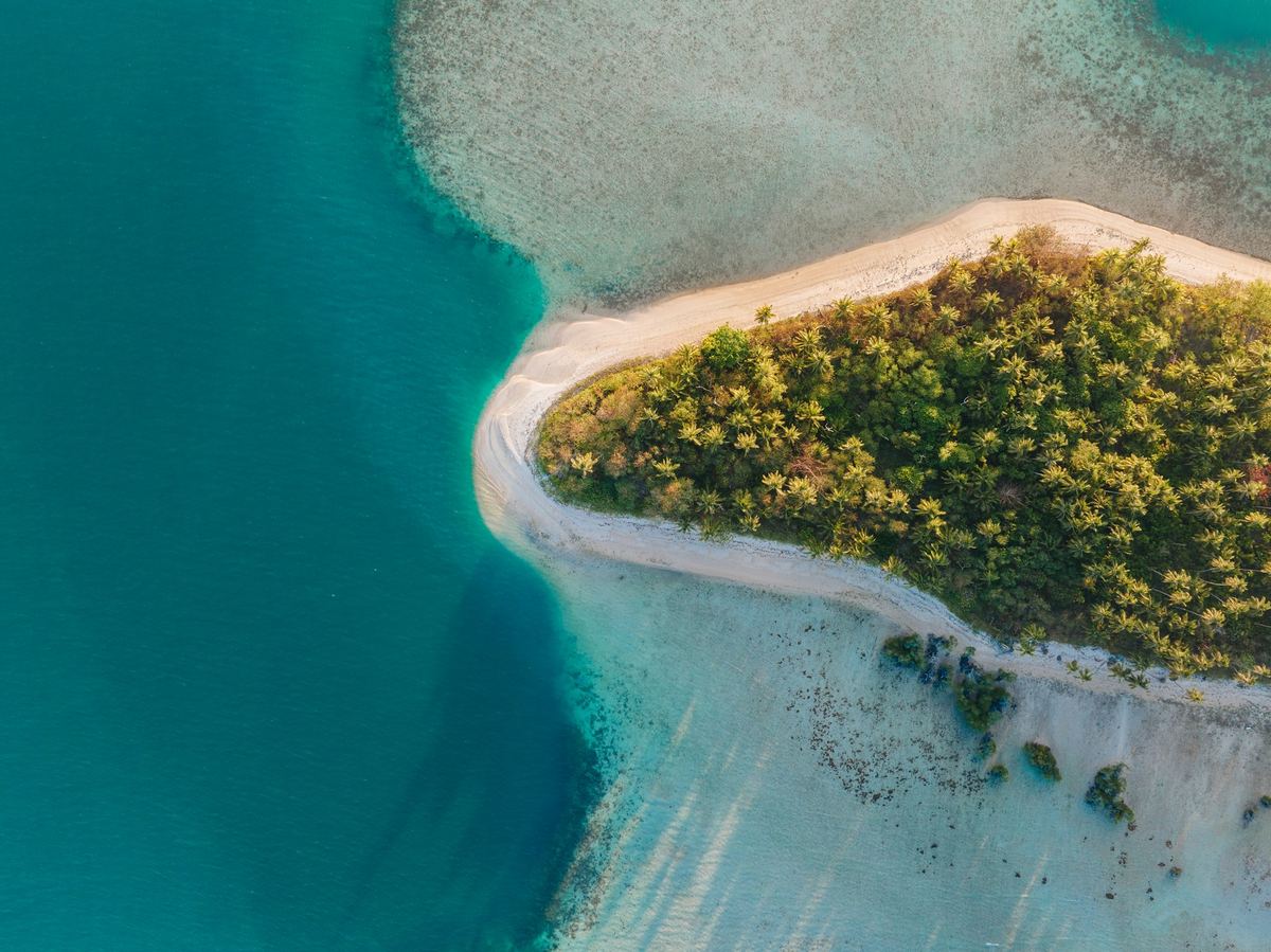 A small forested island ringed by a white sand spit and clear water, from the air.