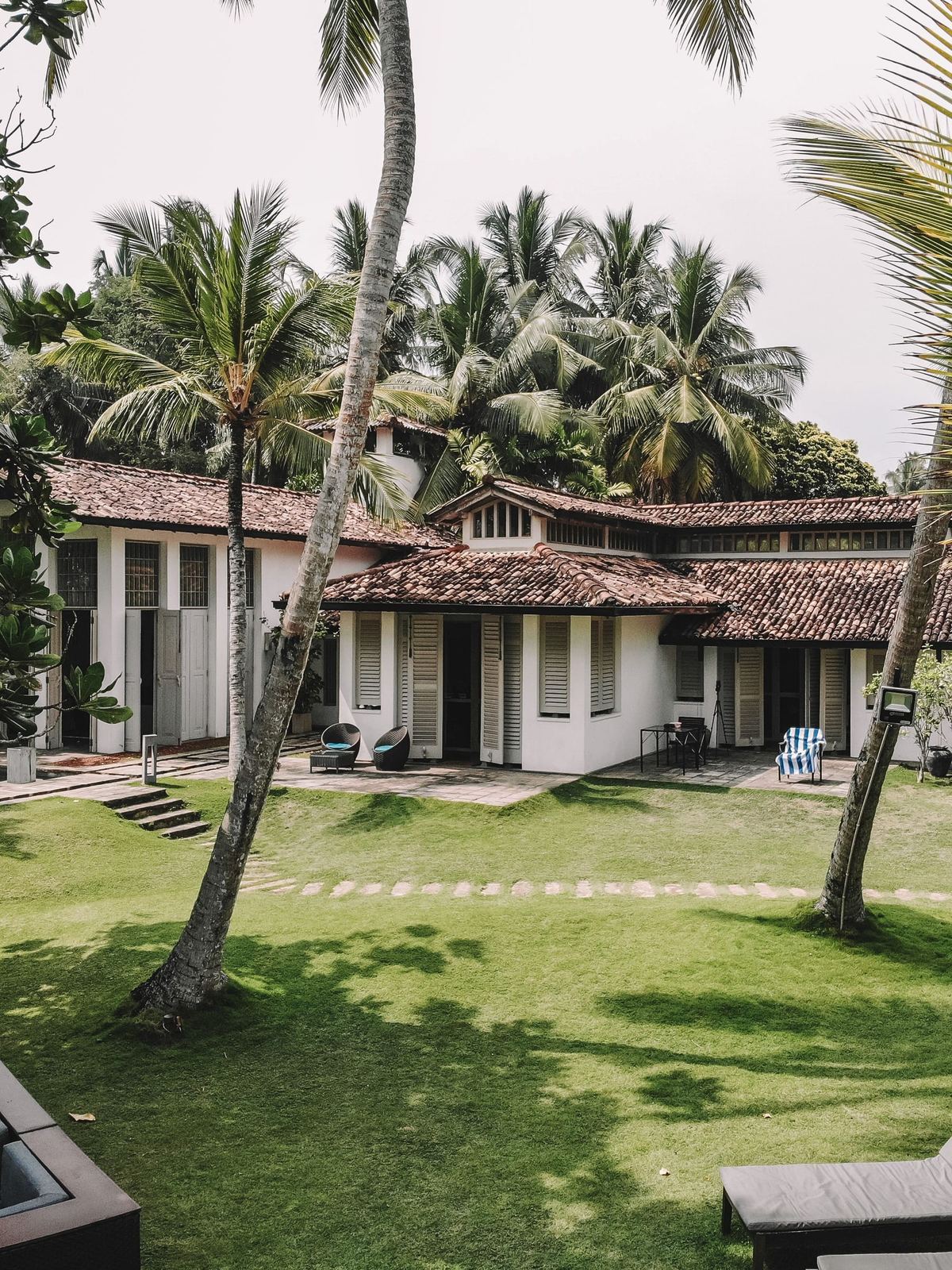 Pol House: a low white house under a tiled roof, its verandah facing a lawn under coconut palms.