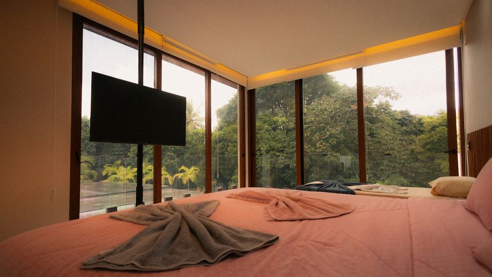 A guest room with a wide bed and floor-to-ceiling windows onto thick green forest.