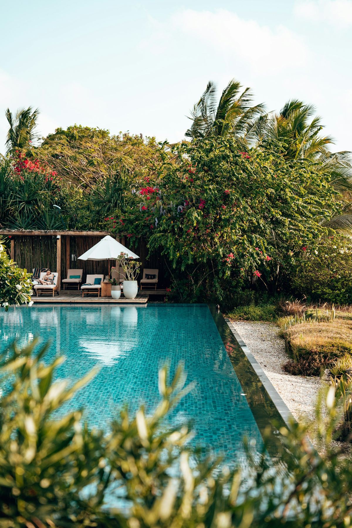 A long blue pool in a garden of flowering shrubs and palms, a shaded pavilion with loungers beside it.